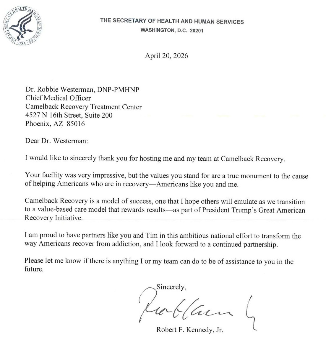 Letter from the Secretary of Health and Human Services to Dr. Robbie Westerman